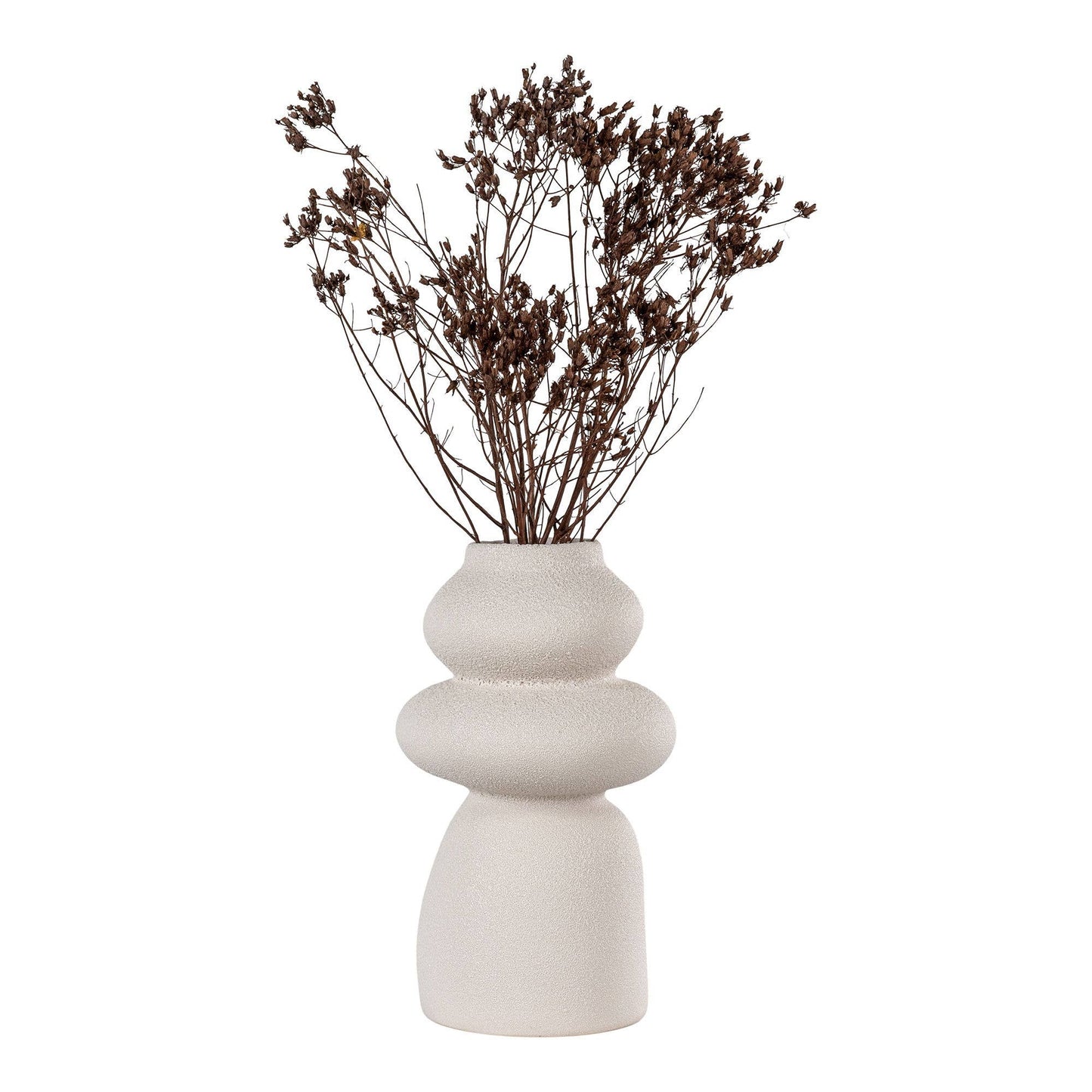 Deko Vase Beige aus Keramik, rund mit Ø 14,5 x 26,5 cm, dekoriert mit Trockenblumen.