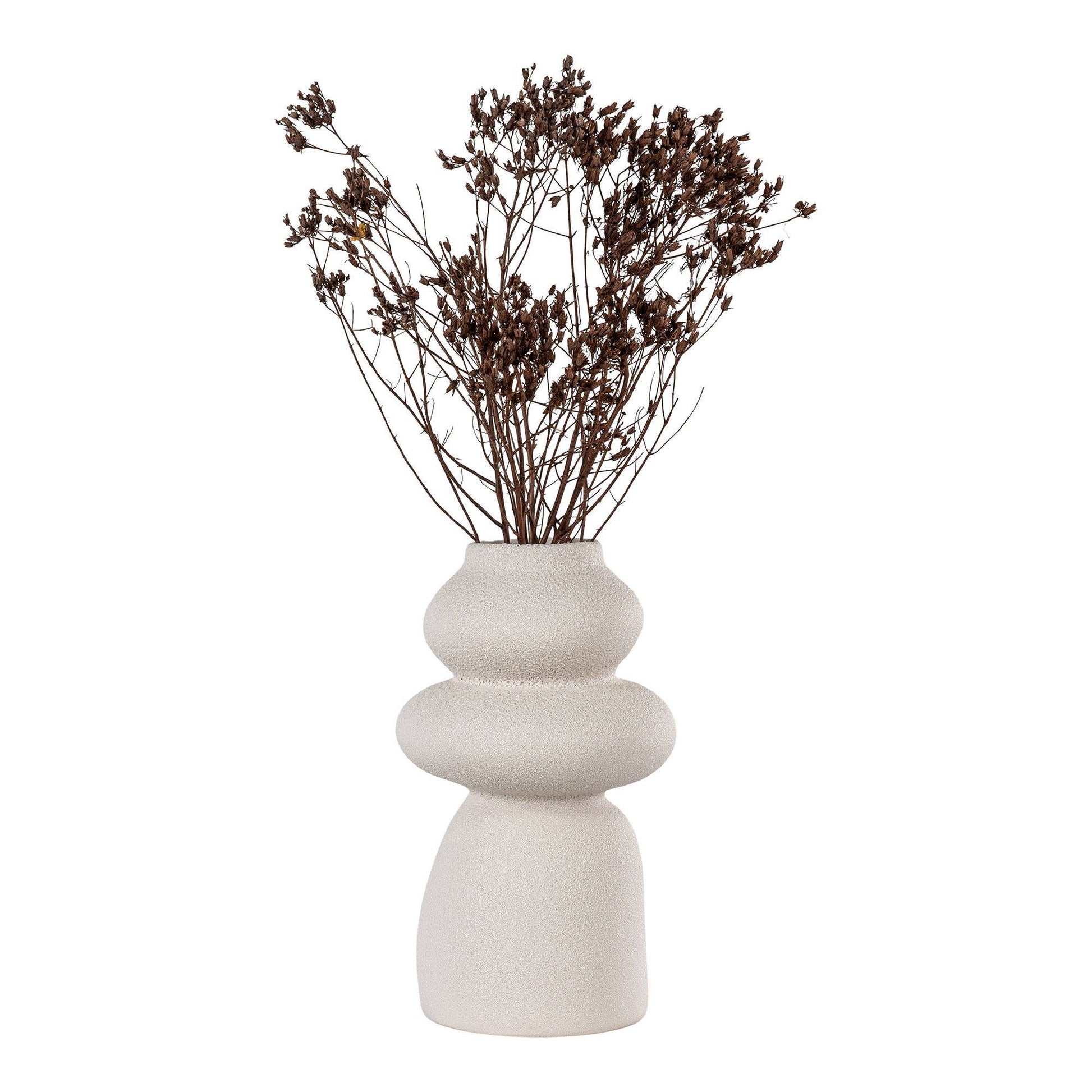 Deko Vase Beige aus Keramik, rund mit Ø 14,5 x 26,5 cm, dekoriert mit Trockenblumen.
