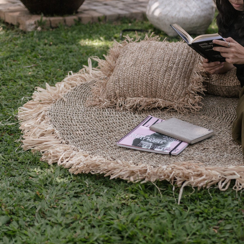 Seegrasteppich Dasa – Rund mit Fransen, 100 oder 120 cm, aus Seegras mit Raffia-Fransen, handgewebt
