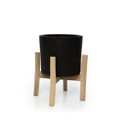 Pflanzständer Charcoal Low – Terrakotta & Teak, 36 cm, aus Terrakotta und Teakholz in Schwarz / Natur