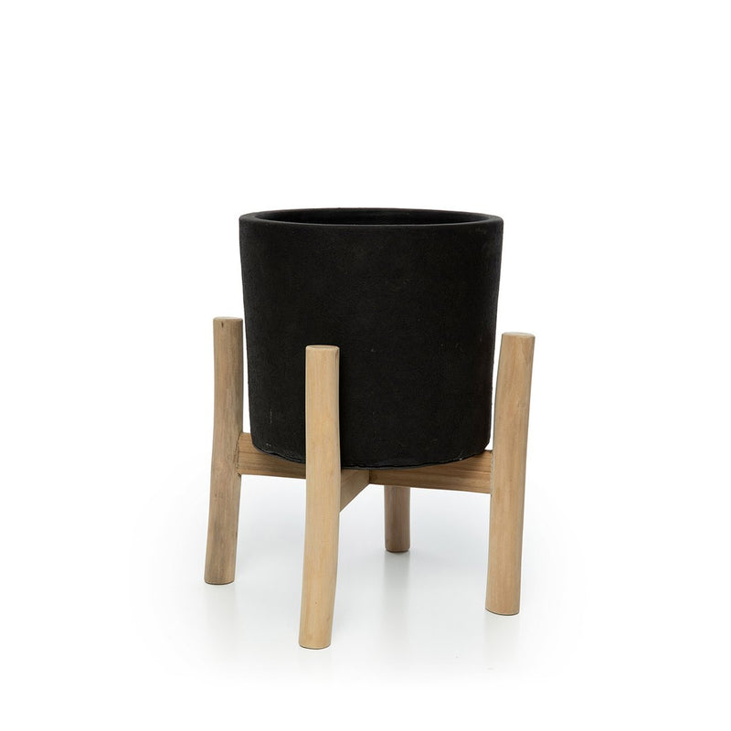 Pflanzständer Charcoal Low – Terrakotta & Teak, 36 cm, aus Terrakotta und Teakholz in Schwarz / Natur